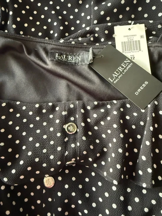 Lauren Ralph Lauren Black Polka Dot Midi Dress Sz. 12 NWT Spaghetti Strap Ruffle - Picture 4 of 5
